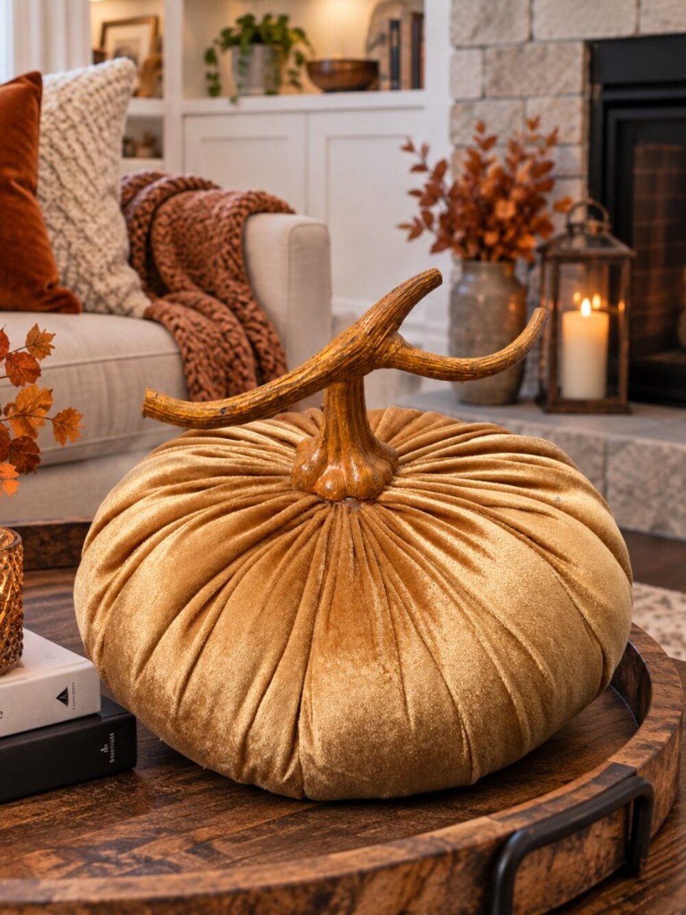 Z Gallerie Gold Velvet Pumpkin with Branched Stem